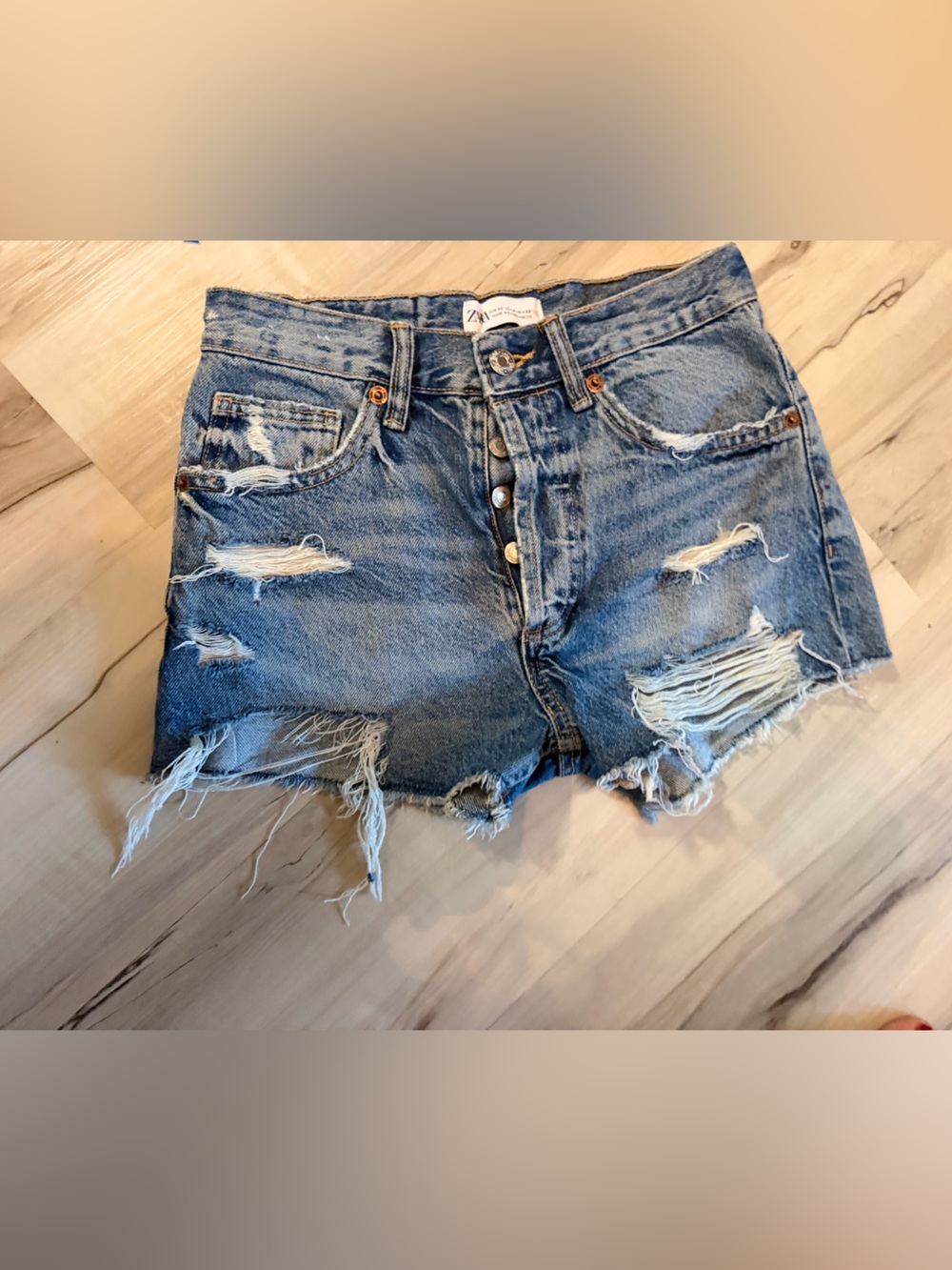 Zara Light Blue Distressed Denim Shorts